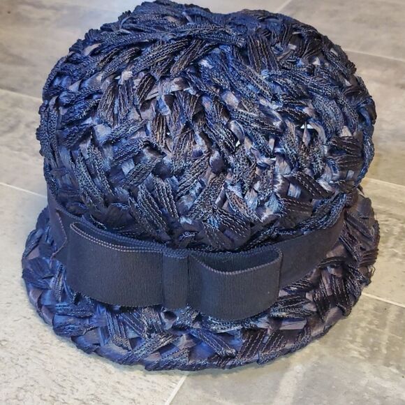 Vintage Navy Woven Straw Bow Hat - Picture 1 of 8